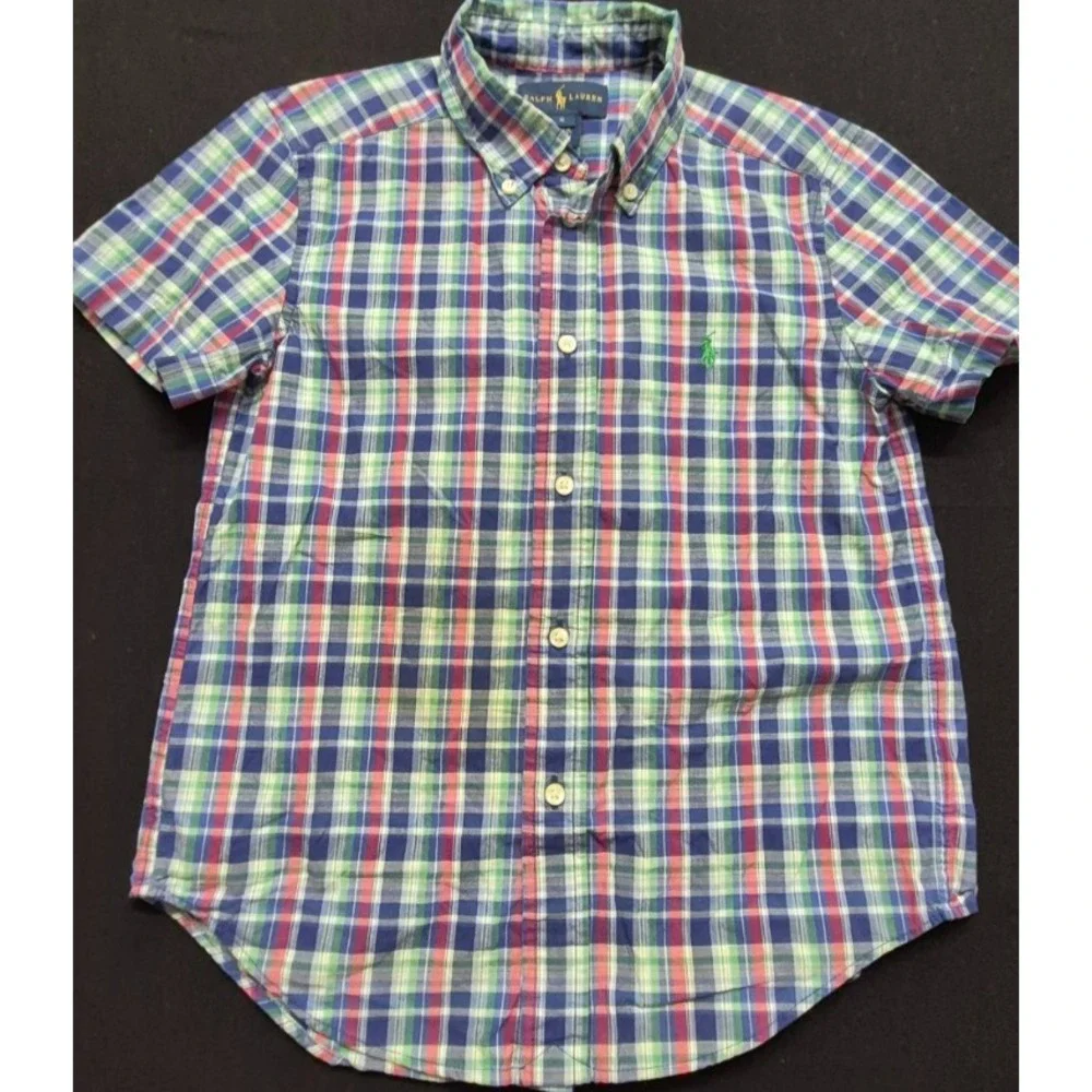 Ralph Lauren‎ boy's multi-color plaid short sleeve button up dress shirt sz. 6
